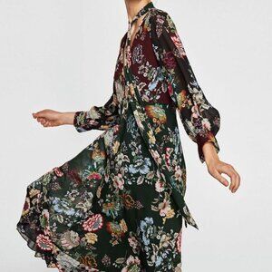 Zara Sheer Floral Empire Midi Dress Large Green Dark Romantic Flowy Boho Party